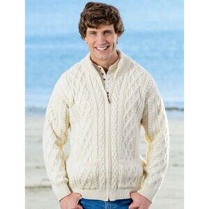Aran Sweater Mens L 100% Merino Wool Cream Chunky Fisherman Cable Knit Thick